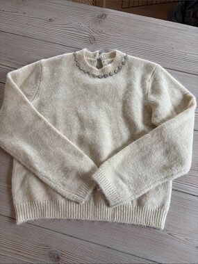 Zara Cream Crewneck Sweater with Beaded Neckline